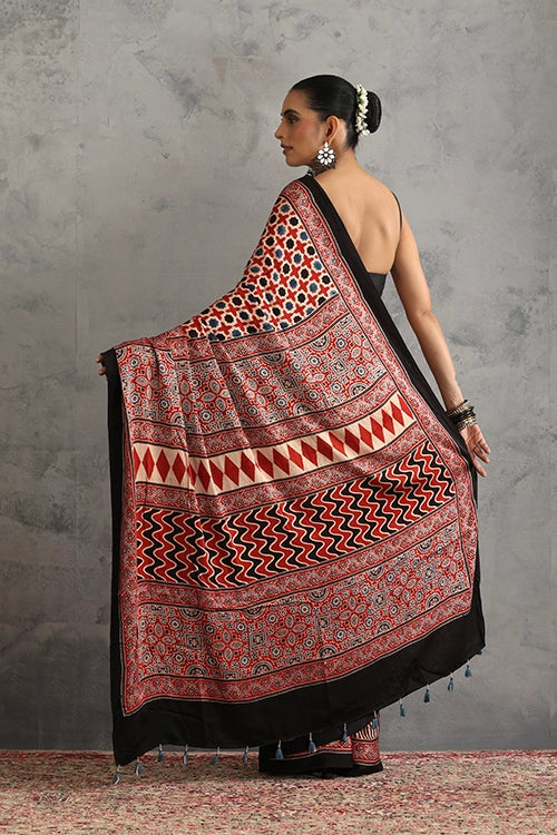 TENAARO  Star Red Ajrakh Hand Block Printed Modal Silk Saree