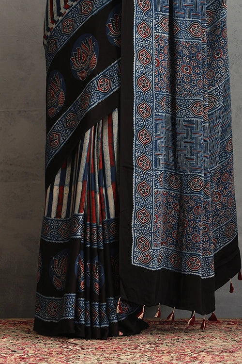 TENAARO  Chromatic Indigo Ajrakh Hand Block Printed Modal Silk Saree
