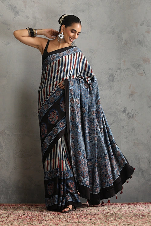 TENAARO  Chromatic Indigo Ajrakh Hand Block Printed Modal Silk Saree