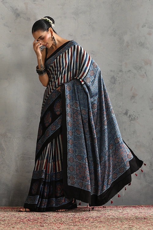 TENAARO  Chromatic Indigo Ajrakh Hand Block Printed Modal Silk Saree