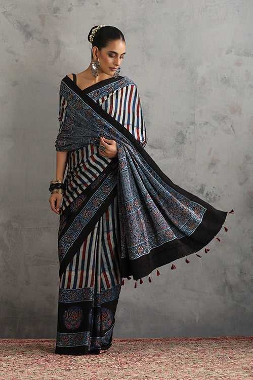 TENAARO  Chromatic Indigo Ajrakh Hand Block Printed Modal Silk Saree