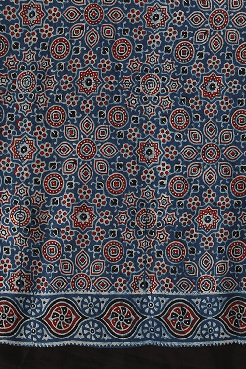 TENAARO  Chromatic Indigo Ajrakh Hand Block Printed Modal Silk Saree