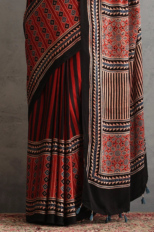TENAARO  Onyx Red Ajrakh Hand Block Printed Modal Silk Saree