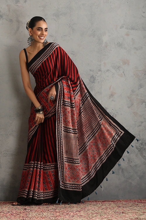 TENAARO  Onyx Red Ajrakh Hand Block Printed Modal Silk Saree