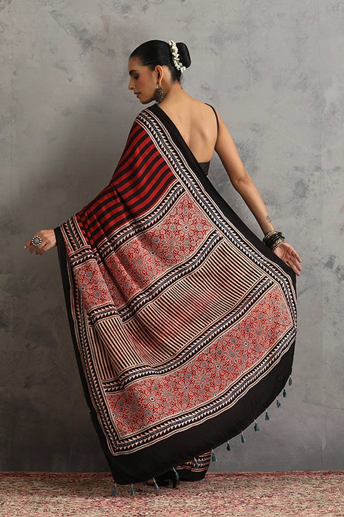 TENAARO  Onyx Red Ajrakh Hand Block Printed Modal Silk Saree