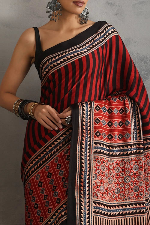 TENAARO  Onyx Red Ajrakh Hand Block Printed Modal Silk Saree