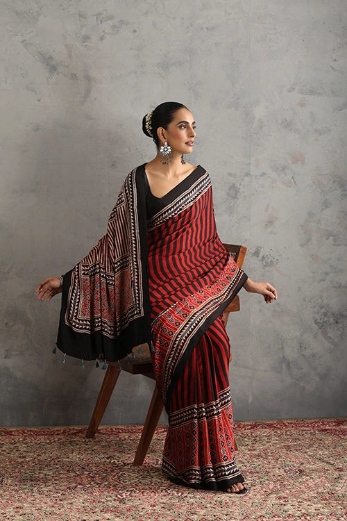 TENAARO  Onyx Red Ajrakh Hand Block Printed Modal Silk Saree