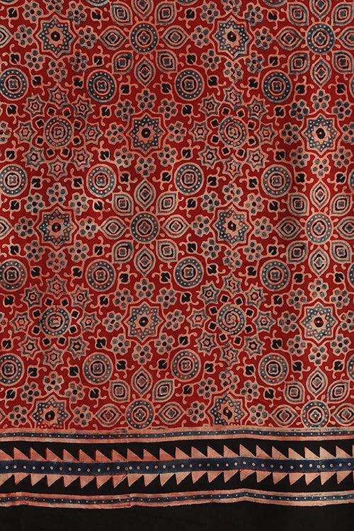 TENAARO  Onyx Red Ajrakh Hand Block Printed Modal Silk Saree