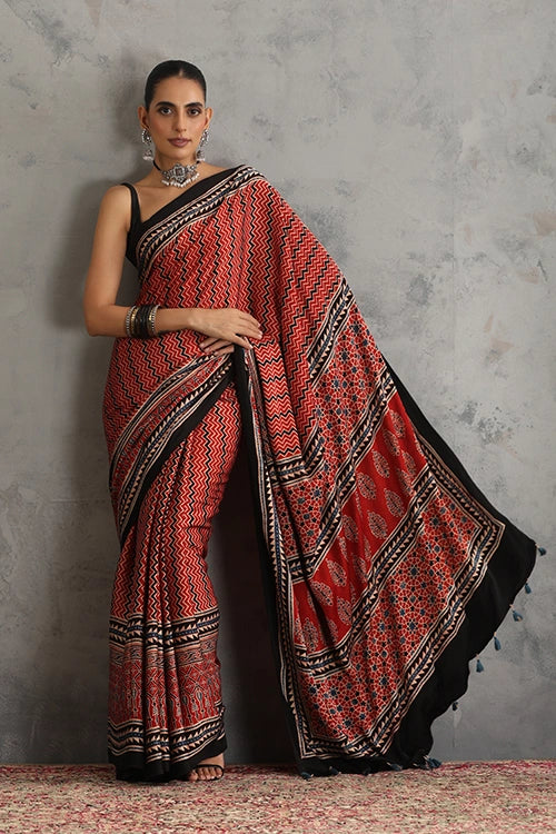 TENAARO Zigzag  Red Ajrakh Hand Block Printed Modal Silk Saree