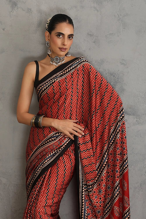 TENAARO Zigzag  Red Ajrakh Hand Block Printed Modal Silk Saree