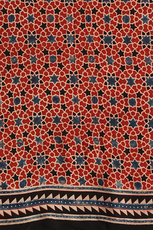 TENAARO Zigzag  Red Ajrakh Hand Block Printed Modal Silk Saree
