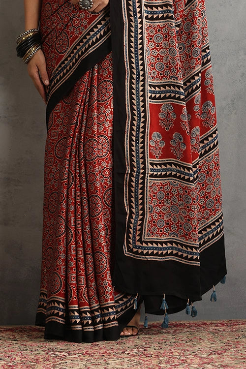 TENAARO  Riyaal Red Ajrakh Hand Block Printed Modal Silk Saree