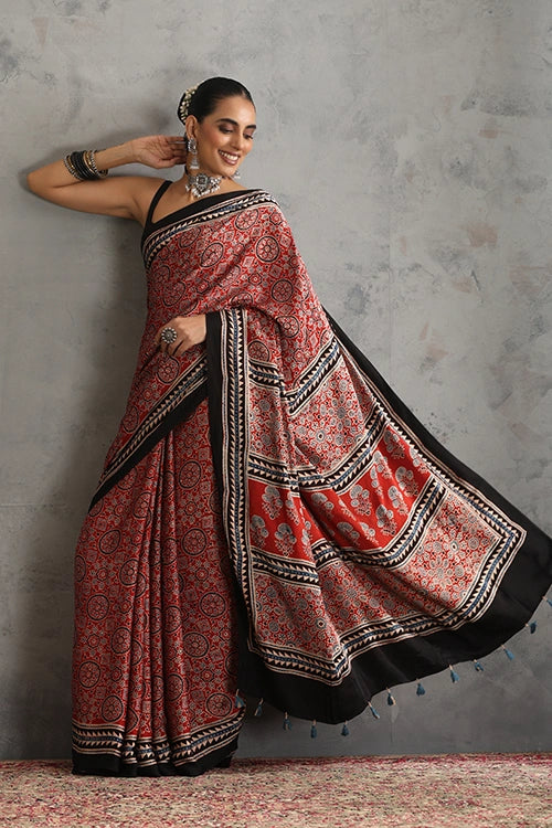 TENAARO  Riyaal Red Ajrakh Hand Block Printed Modal Silk Saree
