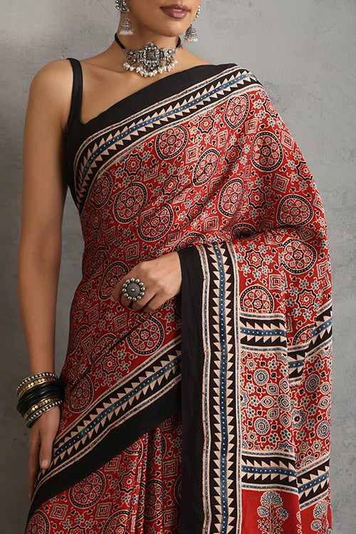 TENAARO  Riyaal Red Ajrakh Hand Block Printed Modal Silk Saree