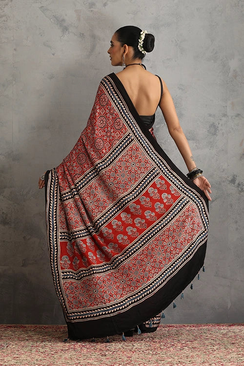 TENAARO  Riyaal Red Ajrakh Hand Block Printed Modal Silk Saree