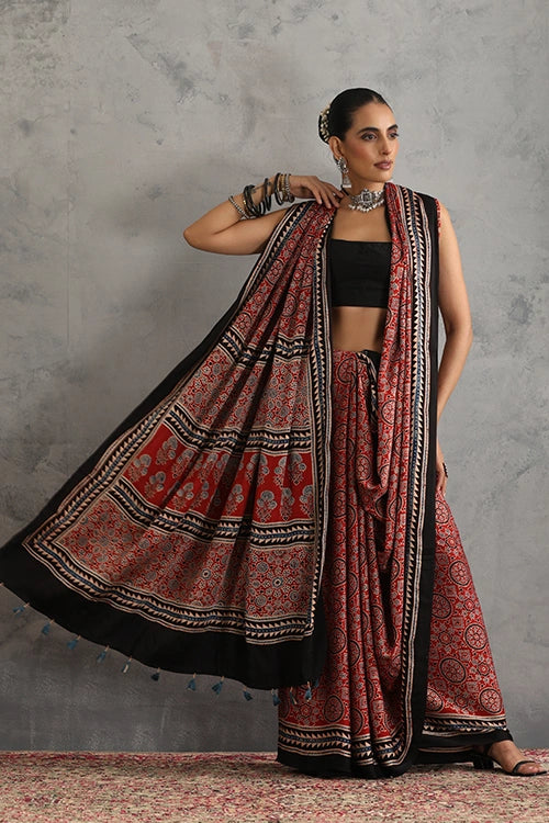 TENAARO  Riyaal Red Ajrakh Hand Block Printed Modal Silk Saree