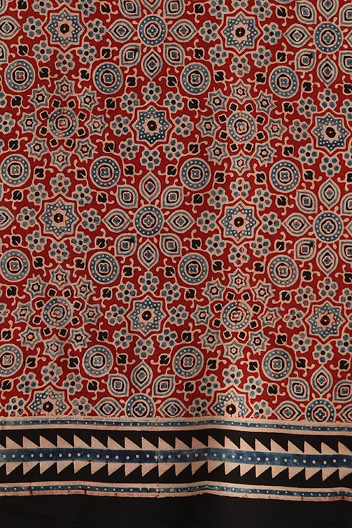 TENAARO  Riyaal Red Ajrakh Hand Block Printed Modal Silk Saree