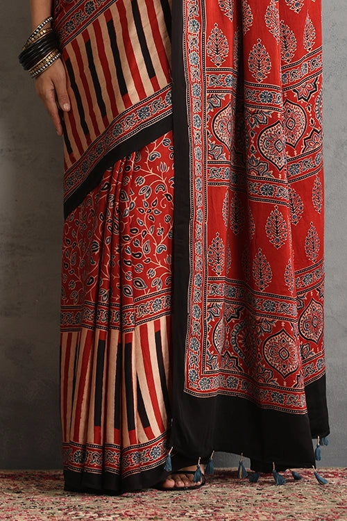 TENAARO Flowery Red Ajrakh Hand Block Printed Modal Silk Saree