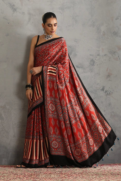 TENAARO Flowery Red Ajrakh Hand Block Printed Modal Silk Saree