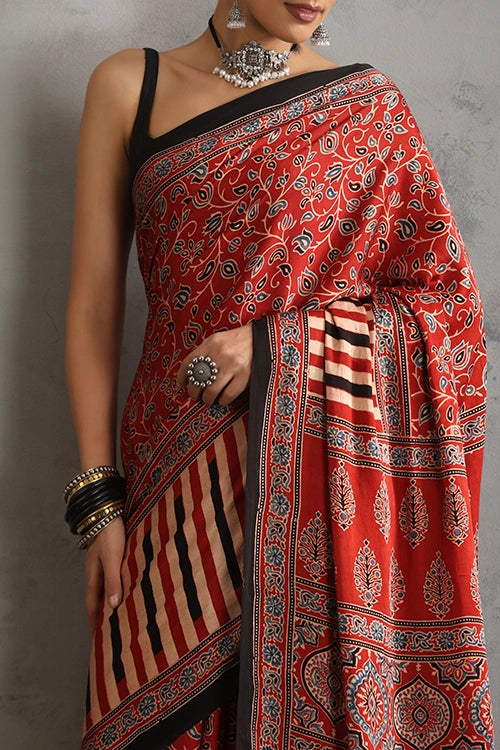 TENAARO Flowery Red Ajrakh Hand Block Printed Modal Silk Saree