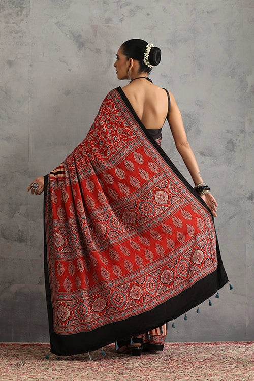 TENAARO Flowery Red Ajrakh Hand Block Printed Modal Silk Saree