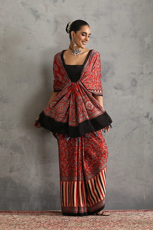 TENAARO Flowery Red Ajrakh Hand Block Printed Modal Silk Saree