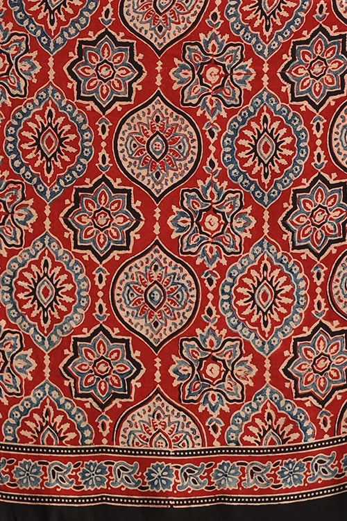 TENAARO Flowery Red Ajrakh Hand Block Printed Modal Silk Saree