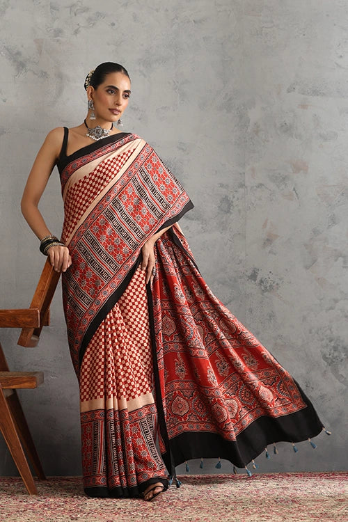 TENAARO  Chex Red Ajrakh Hand Block Printed Modal Silk Saree
