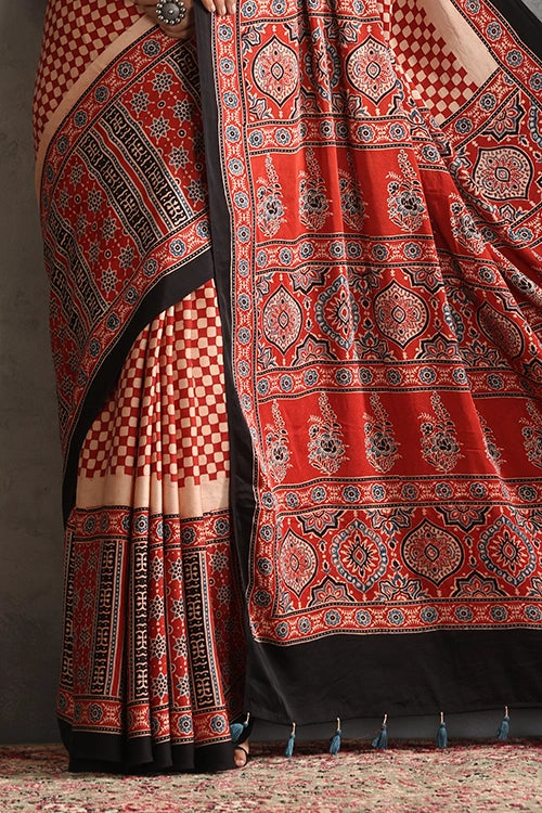 TENAARO  Chex Red Ajrakh Hand Block Printed Modal Silk Saree