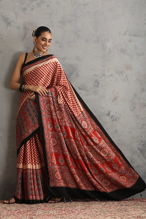 TENAARO  Chex Red Ajrakh Hand Block Printed Modal Silk Saree