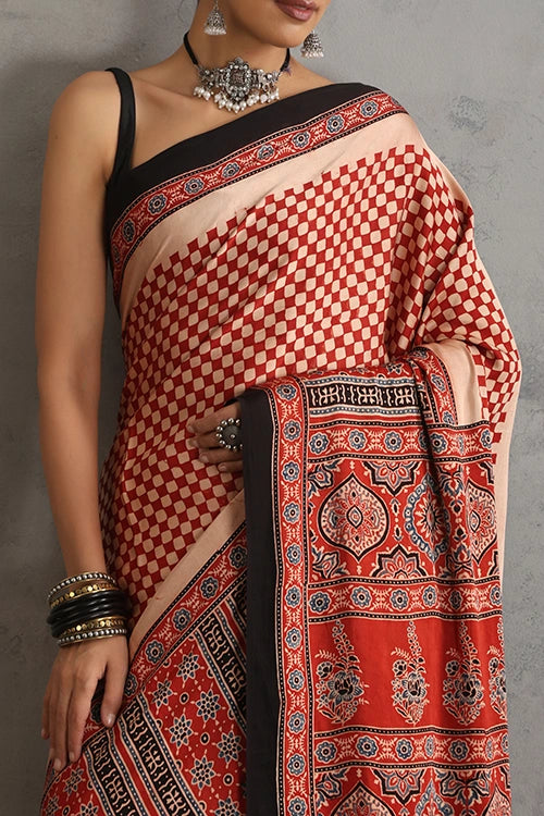 TENAARO  Chex Red Ajrakh Hand Block Printed Modal Silk Saree