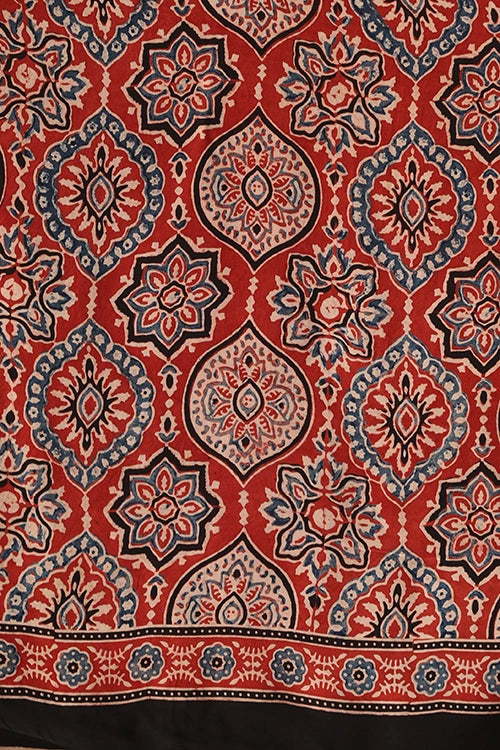 TENAARO  Chex Red Ajrakh Hand Block Printed Modal Silk Saree