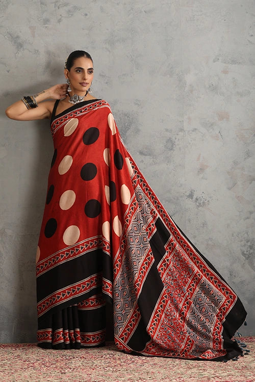 TENAARO  Circle Red Ajrakh Hand Block Printed Modal Silk Saree