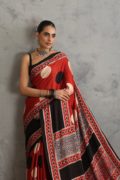 TENAARO  Circle Red Ajrakh Hand Block Printed Modal Silk Saree