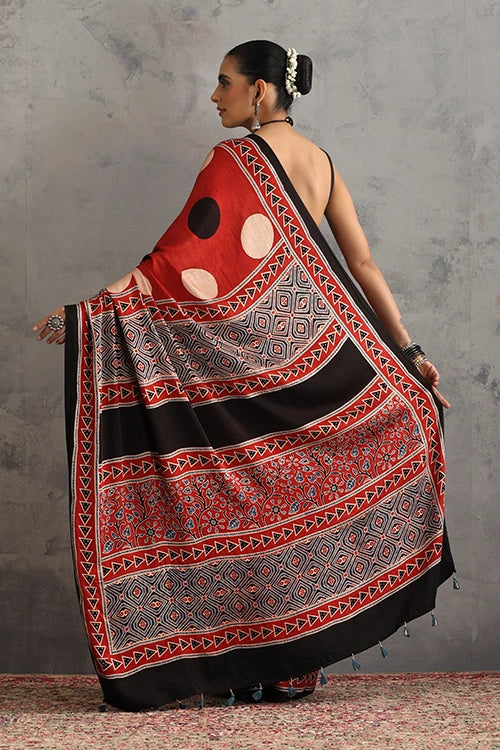 TENAARO  Circle Red Ajrakh Hand Block Printed Modal Silk Saree