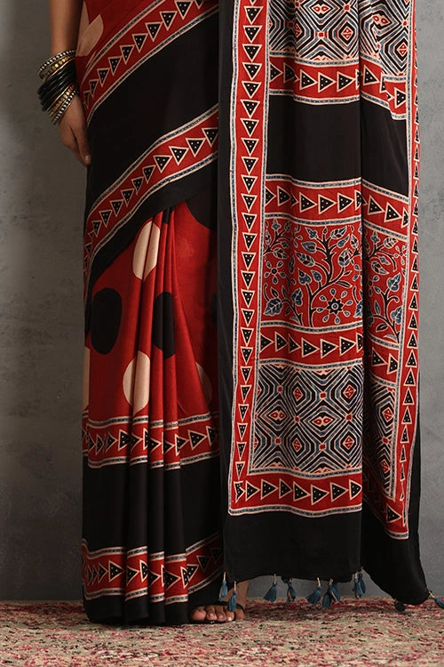TENAARO  Circle Red Ajrakh Hand Block Printed Modal Silk Saree
