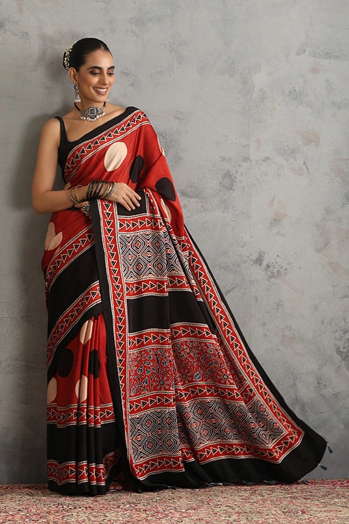 TENAARO  Circle Red Ajrakh Hand Block Printed Modal Silk Saree