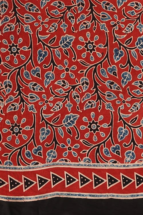 TENAARO  Circle Red Ajrakh Hand Block Printed Modal Silk Saree