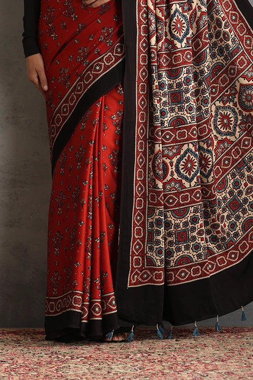 TENAARO  Floral Red Ajrakh Hand Block Printed Modal Silk Saree