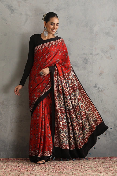 TENAARO  Floral Red Ajrakh Hand Block Printed Modal Silk Saree
