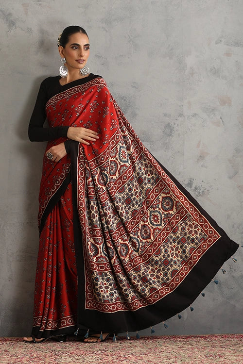 TENAARO  Floral Red Ajrakh Hand Block Printed Modal Silk Saree