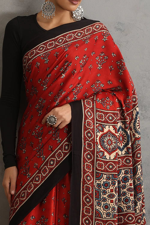TENAARO  Floral Red Ajrakh Hand Block Printed Modal Silk Saree