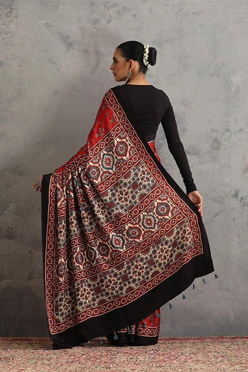 TENAARO  Floral Red Ajrakh Hand Block Printed Modal Silk Saree