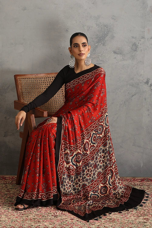 TENAARO  Floral Red Ajrakh Hand Block Printed Modal Silk Saree