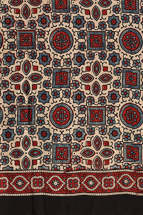TENAARO  Floral Red Ajrakh Hand Block Printed Modal Silk Saree