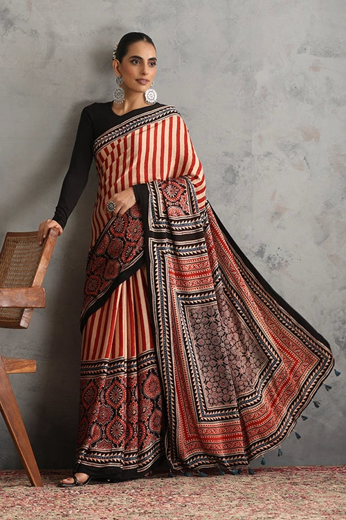 TENAARO  Pinstripe Red Ajrakh Hand Block Printed Modal Silk Saree