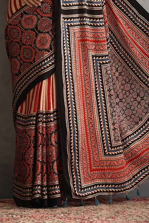 TENAARO  Pinstripe Red Ajrakh Hand Block Printed Modal Silk Saree