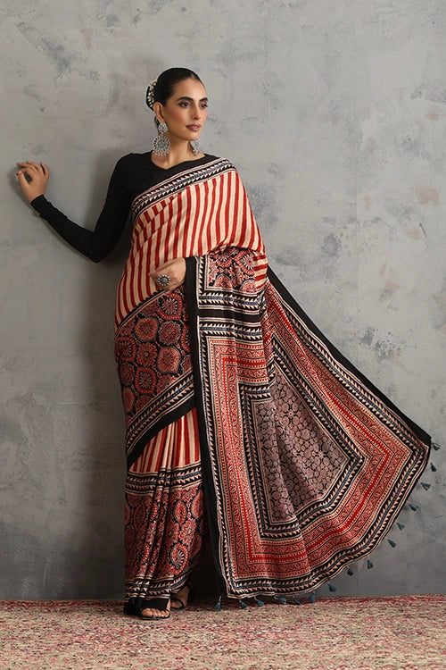TENAARO  Pinstripe Red Ajrakh Hand Block Printed Modal Silk Saree
