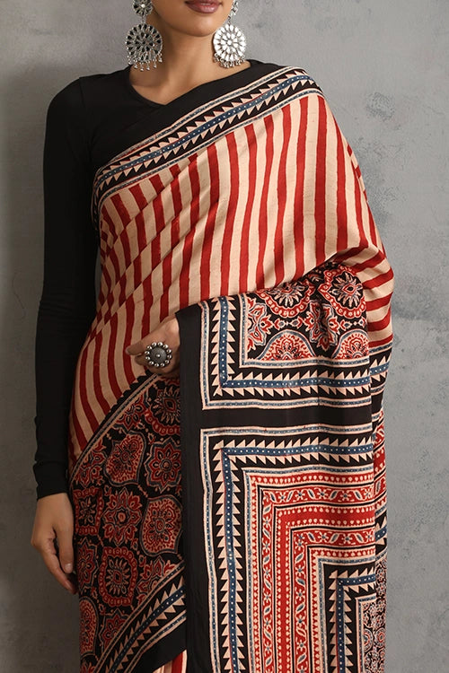 TENAARO  Pinstripe Red Ajrakh Hand Block Printed Modal Silk Saree