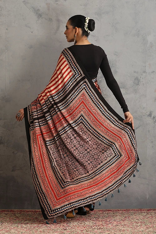 TENAARO  Pinstripe Red Ajrakh Hand Block Printed Modal Silk Saree